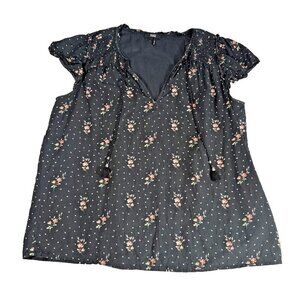 Paige Short sleeve Popover Floral Blouse Black Cotton Blend Women's Large